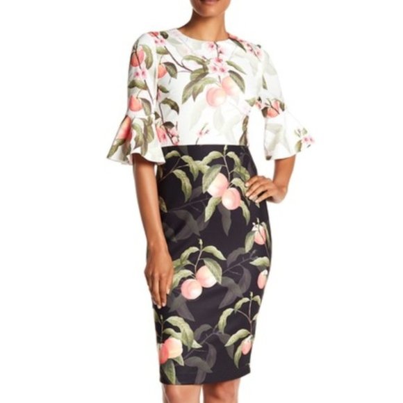 Ted Baker Areea Peach Blossom Leaves Sheath Pencil Cocktail Sheath Dress Small - Picture 3 of 16